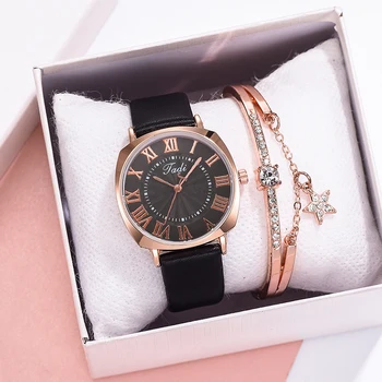 

New Style Women Watch Irregular Shape Black Bracelet Watches Set Ladies Leather Quartz Wristwatches Female Clock Zegarek Damski