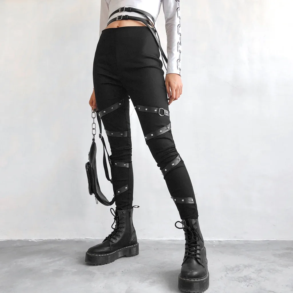 Женские однотонные готические брюки в стиле стимпанк черные повседневные свободные Эластичные Обтягивающие Брюки с высокой талией с карманами с заклепками длинные брюки# XSL