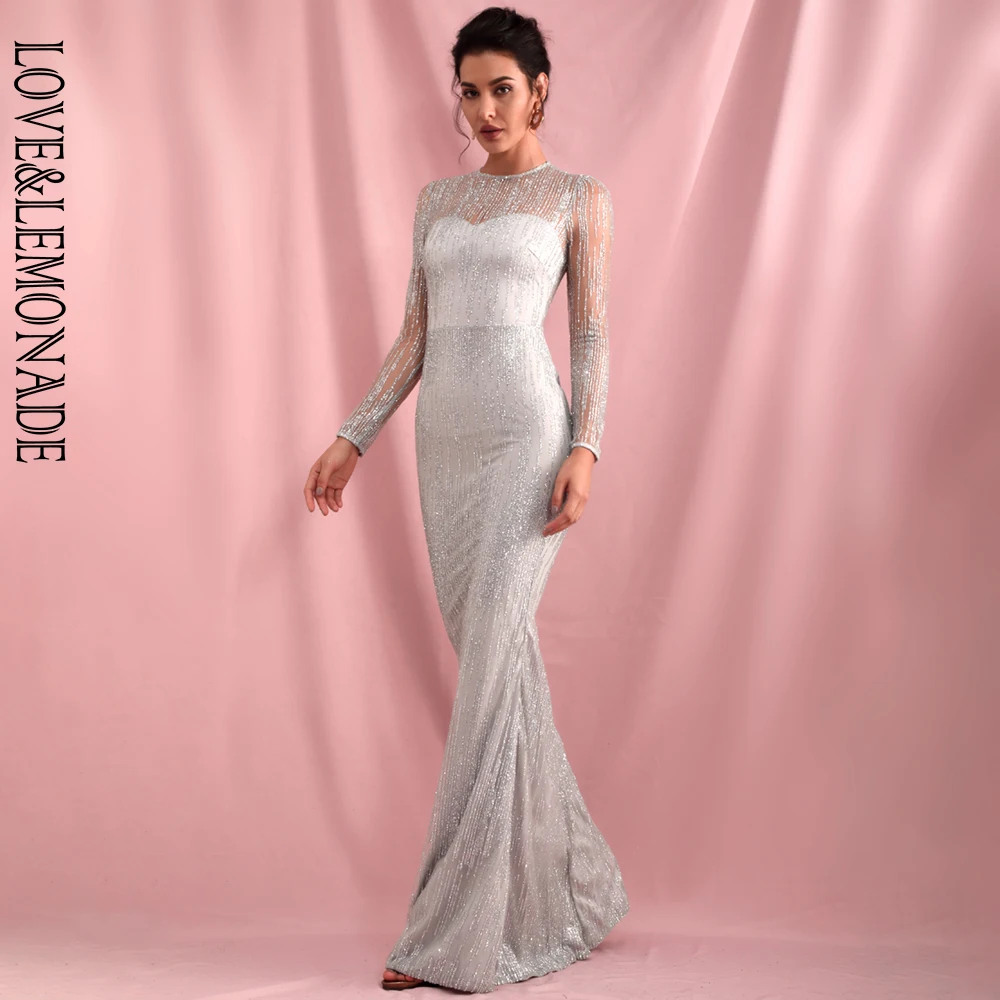 LOVE& LEMONADE, Серебряное платье с круглым вырезом и длинным рукавом, облегающее платье с наклеенными блестками, LM6496-9