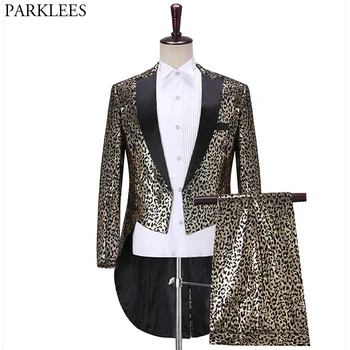 

Men's Luxury Gold Leopard Sequins Tuxedo Suits Party Prom Stage Tailcoat Suits with Pants Male Nightclub Singer Dancer Costumes