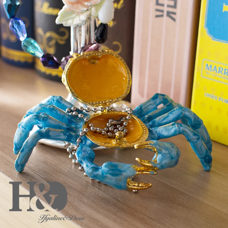 H&D Hand Painted Enameled and Bejeweled Blue Crab Trinket Box Ring Hinged Jewelry Collectible Figurine Christmas Decor for Home