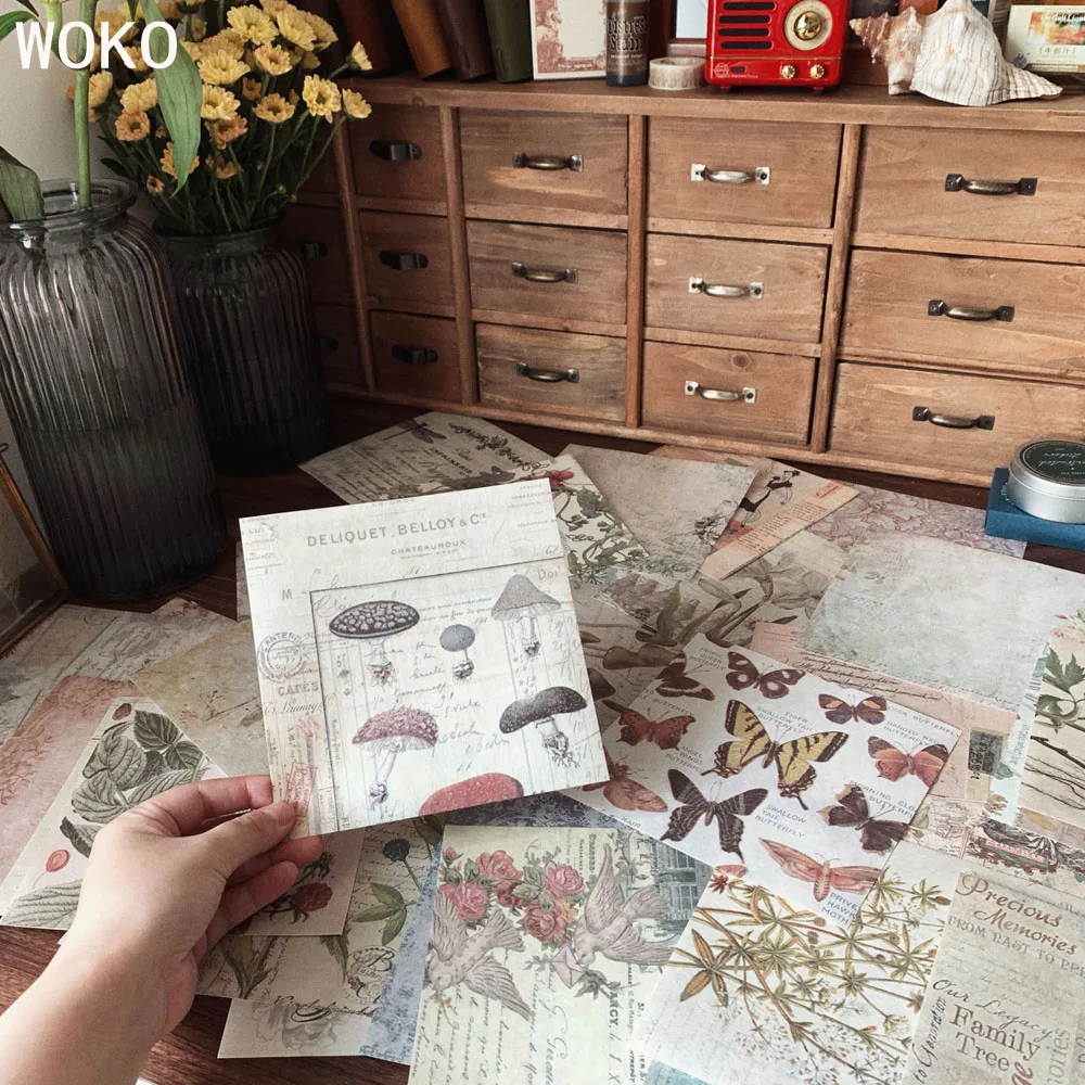 WOKO 40 листов Винтажная настольная книга материал старая бабочка растение птица цветок грибы фоновый коллаж бумажная наклейка, сделай сам, скрапбукинг