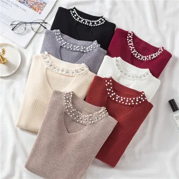 

Spring Autumn New Solid Jumper Knitted Sexy V-neck Sweater Pullovers Basic Top Fashion Korean Beading Long Sleeve Pullovers