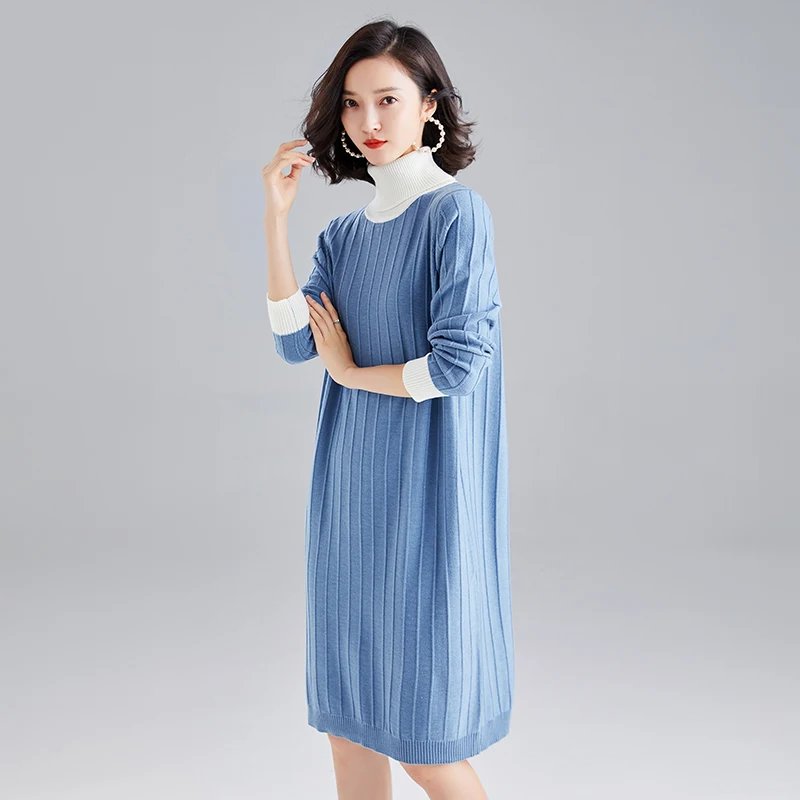 

Turtleneck Cashmere Dress High Quality Autumn Winter Lady Dress Pullover Female Fashion Patchwork Wool Knit Dress Free Shipping