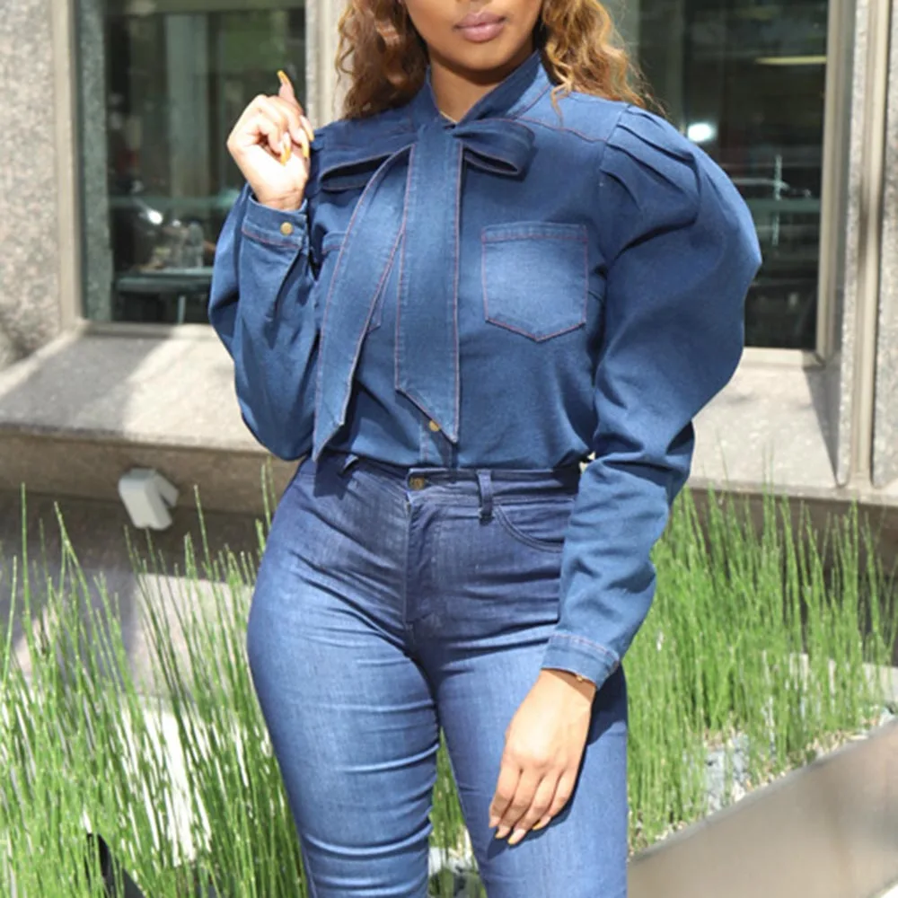 

Blue Denim Blouse Women Tops Lantern Sleeve Spring 2020 Casual Women's Shirts Plus Size African Female Lady Chic Short Blouses