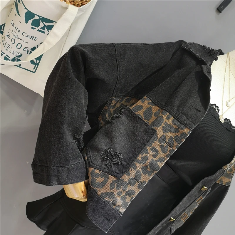 Vintage New Chic Embroidery Women Denim Jacket Autumn Harajuku Leopard Jean Jackets Coat Loose Fashion Streetwear OS177