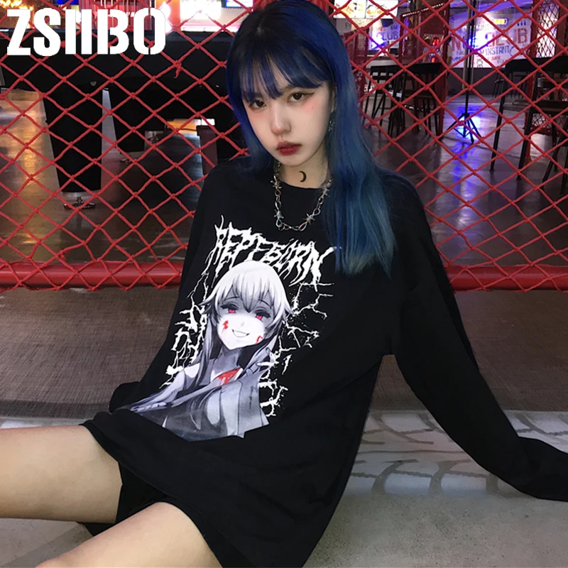 Готические женские толстовки с круглым вырезом Ulzzang Tumblr Kawaii Femme толстовки повседневные Топы Harajuku темная Женская толстовка