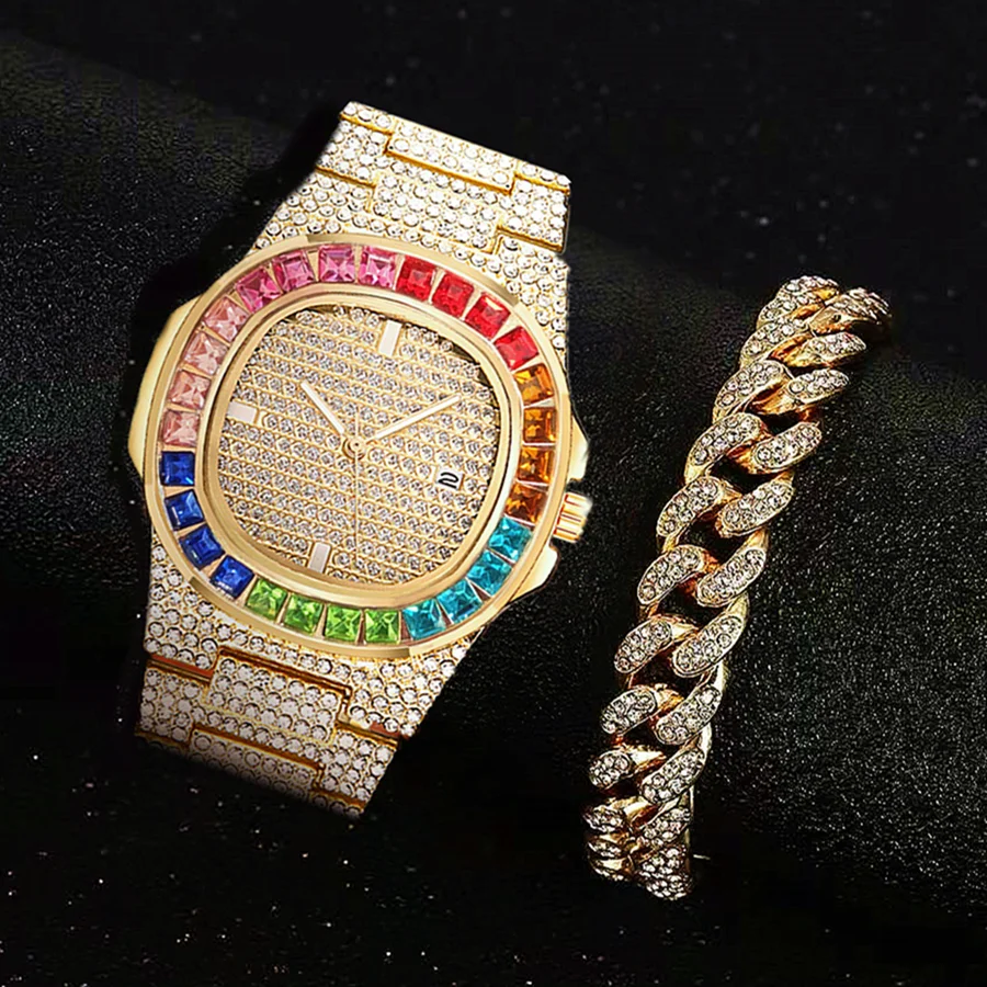 2pcs Bracelet+Watch for Men Top Brand for Men Luxury Bling Bling Iced Out Gold Watch Wrist Watches Women Mens Watch Reloj Hombre