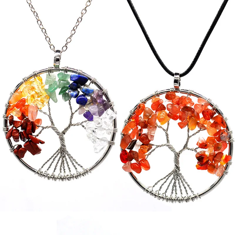 7 Chakra Healing Tree Of Life Pendant Necklace Crystal Natural Stone NecklacNPF 