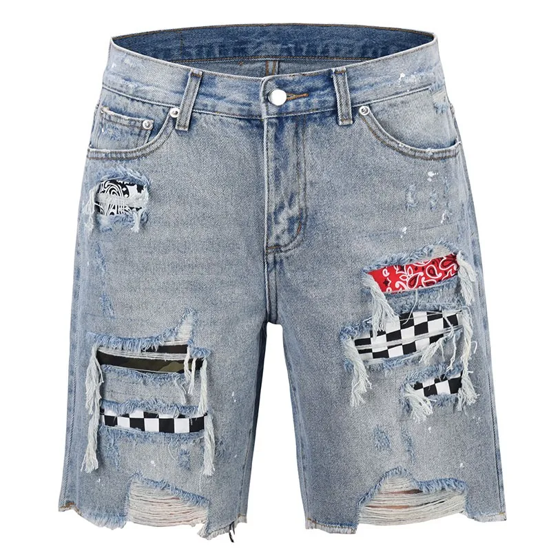 Модные мужские джинсовые шорты с дырочками, рваные, высокие, уличные, короткие джинсы в стиле хип-хоп, свободные прямые штаны средней длины, новинка года, мужские