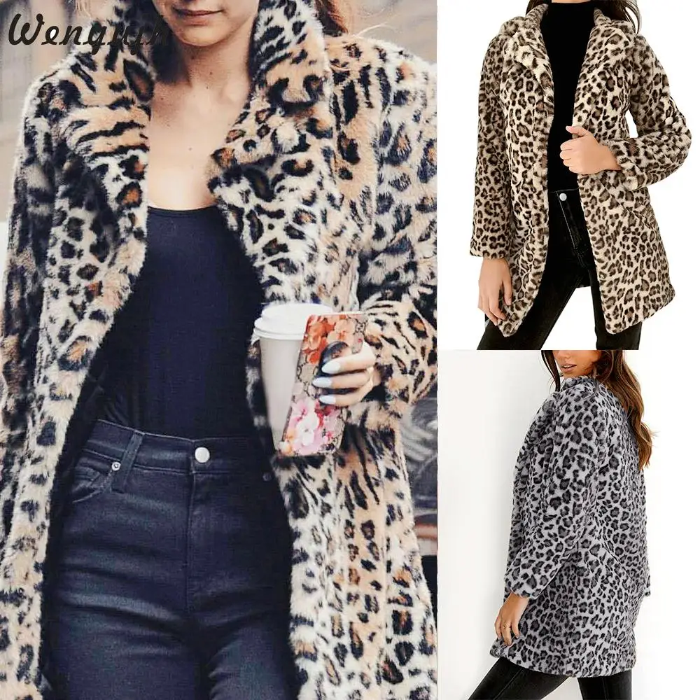 

Wenyujh Women Autumn Winter Sexy Lapel Cardigan Plush Slim Jacket 2019 Warm Knitted Leopard Outwear Long Fashion Coat Tops