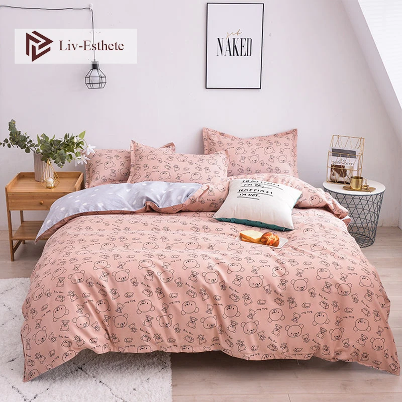 

Liv-Esthete Cute Bear Cartoon Bedding Set Comforter Duvet Cover Bedspread Flat Sheet Double Queen King Bed Linen Home Textiles