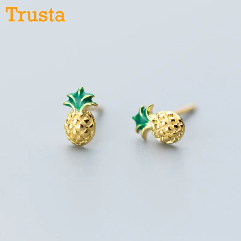 Trusta Настоящее серебро 925 пробы, модное ювелирное изделие, Крошечные золотые серьги-гвоздики 5 мм X 7 мм с ананасом, подарок для девочек, детей, леди DS678