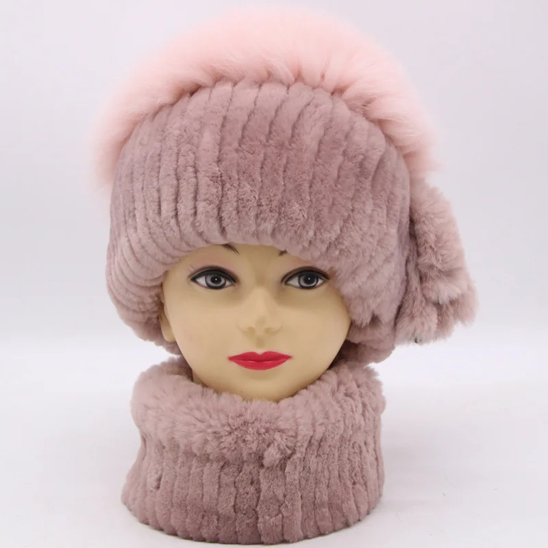 

012354 Hot Sale Winter Accessories Rex Rabbit Hair Knitted Neck Suit Fox Fur Hat Womens Beanie
