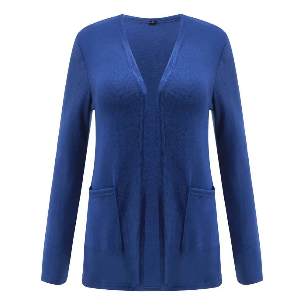 Синий Вязаный свитер, кардиган для женщин, осенний, Повседневный, длинный рукав, Одноцветный, открытая строчка, с карманами, кардиган,, свитер, Mujer A1 - Цвет: Синий