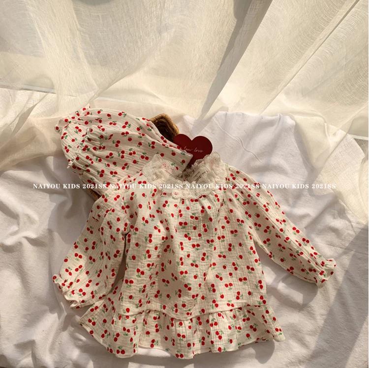 Sleepwear & Robes	 2 Designs Kid's Girl's Cotton Cherry Print Pajama Sets.Vintage Toddler Kid‘s Pyjamas Set Sleep Loungewear.Children’s Clothing top Sleepwear & Robes