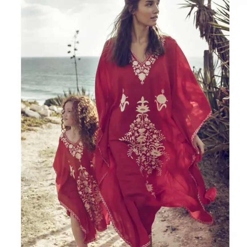 

Summer Mother Daughter Caftan Dress Boho Printed Women Kids Beach Bikini Cover-Ups Loose Batwing Sleeve Long Dress Swimwear
