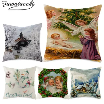 

Fuwatacchi Christmas Day Gift Linen Cushion Covers Snow House Throw Pillow Cover Colorful Home Sofa Decorative Pillowcases