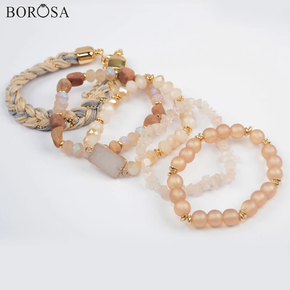 BOROSA 5 комплектов(5 шт./компл. разных Браслеты) светло-коричневый натуральный кулон agates druzy с украшением в виде кристаллов бисера Стекло бусины браслет наборы ювелирных украшений ювелирные изделия WX1185