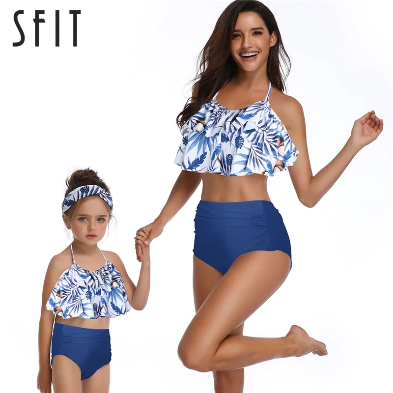 

Sfit Print Halter Ruffled Parent Child Bikini Suit High Waist Family Matching Bathing Suit Children Adults Bikini Suit Biquine