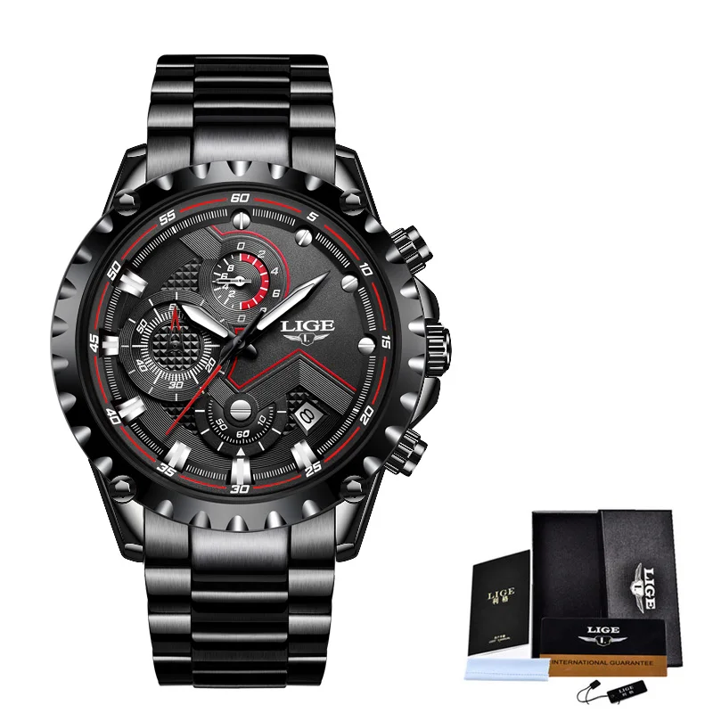 Full black LIGE новые мужские часы Топ люксовый бренд Модные Спортивные Водонепроницаемые хронограф мужские наручные часы из нержавеющей стали мужские часы - Цвет: Full black