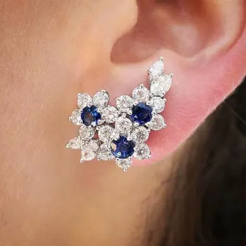 Huitan Gorgeous Women’s Earrings with Blue/White Round CZ Luxury Female Earrings for Wedding Engagement Party Brilliant Jewelry