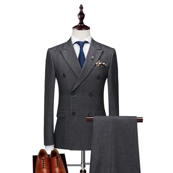

Jackets+Pants+Vests Mens Double Breasted Suit 2019 Slim Fit Vertical Striped Suit Men Luxury Wedding Dress Blazer Suits Male