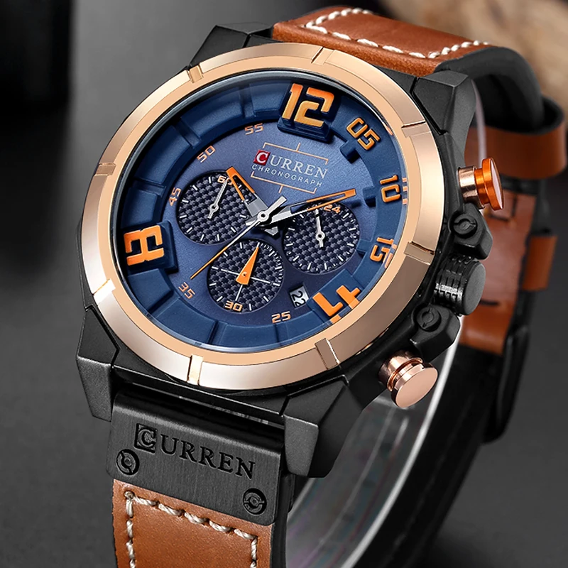 

CURREN Fashion Brand Chronograph Sports Men Watches Military Analog Quartz Wrist Watches Genuine Leather Strap Male Clock