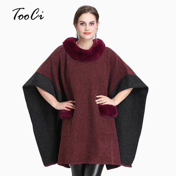 

New Fashion Elegant Spring Loose Wine Red Imitation Fox Fur Collar Color Matching Round Neck Pullover Sweater Cloak Shawl