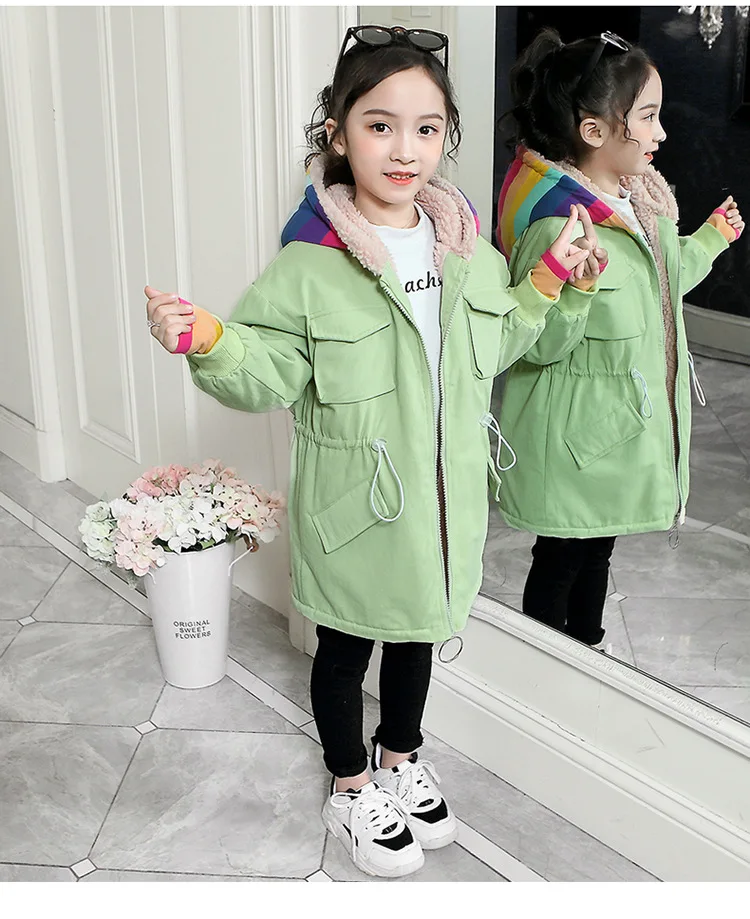 Fashion Children Autumn Winter Medium-Length Design for Girls Solid Colors Windbreaker Thicken Rainbow Cap Hooded Coat
