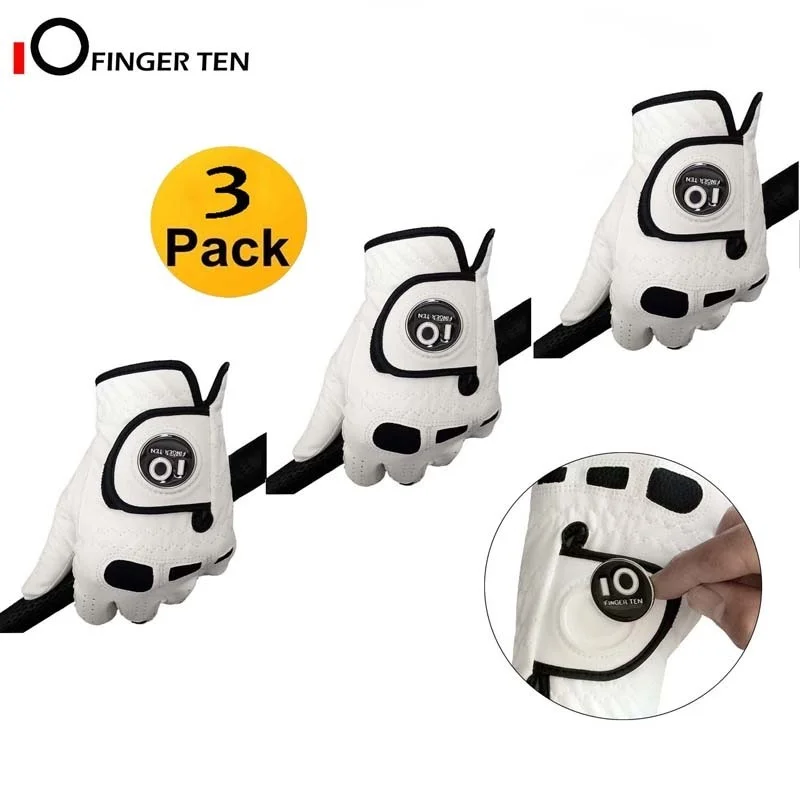 Photo Product 3 Pcs/6 Pcs Soft Comfortable Leather Mens Golf Gloves Left Hand Right with Ball Marker Grip Small Medium ML Large XL