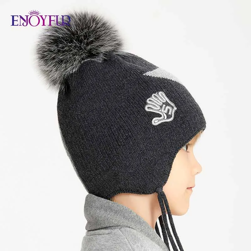 ENJOYFUR Boys Real Fox Fur Pompom Hats For Winter Warm Geometric Cotton Kids Beanies Thick Knitted Ears Boys Cap