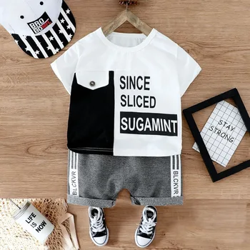 

Toddler Boy Clothes Summer Letter T shirt 1-4 Years Baby Short- Sleeve Outfit Handsome Casual Two-piece Suit Children Clothes