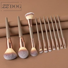 ZZDOG 10Pcs Professional Powder Eye Shadow Foundation Blending Blusher Makeup Brushes Set Natural Hair Cosmetic Beauty Tools Kit
