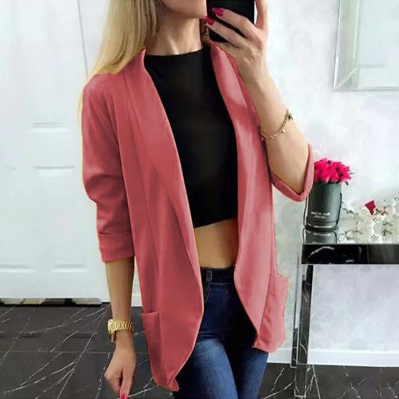 Блейзер feminino Новинка весна осень куртки однотонного цвета для женщин с лацканами Повседневная мода блейзер с длинными рукавами Тонкий теплый маленький пиджак блейзер