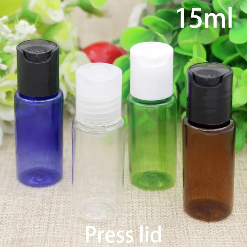 

Free Shipping 15ml Plastic Bottle Empty Cosmetic Makeup Water Essential Oil Package Travel Container Press Cap Small Refillable