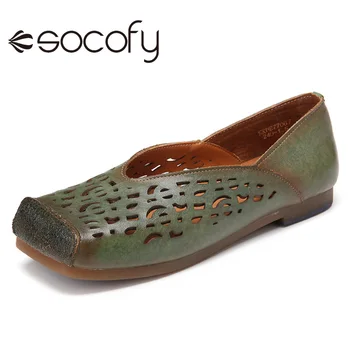 

SOCOFY Women Retro Style Loafers Distressed Leather Burnished Toe Cap Hollow Out Flat Casual Outdoor Slip-on Flat Shoes 2020
