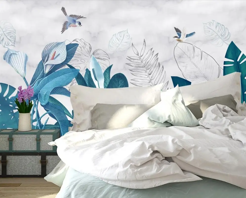 Custom 3D mural wallpaper Nordic minimalist hand-painted tropical plants background wall decorative painting