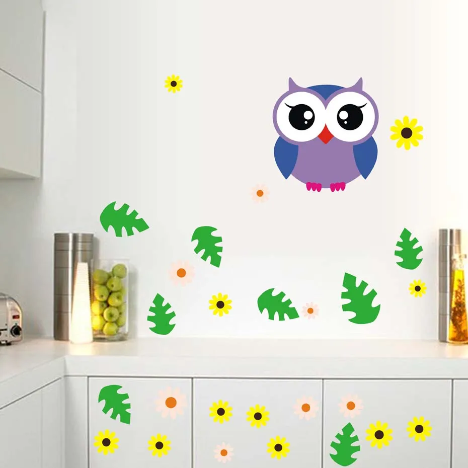 Cute Nursery Owl with Flowers Stickers on Wall Art DIY Flowers Leafs Decals for Kids Baby Room Bedroom Door Home decor Wallpaper (6)