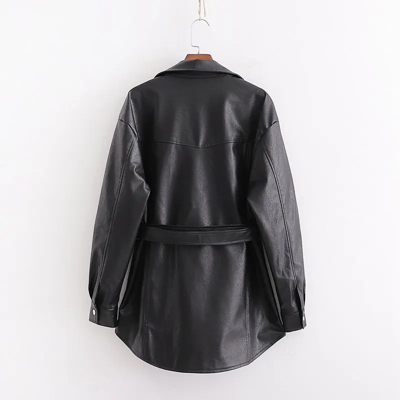 Faux Leather Jackets Women Fashion PU Black Coat Elegant Belt Waist Pockets Buttons Female Coats Streetwear Ladies Jackets