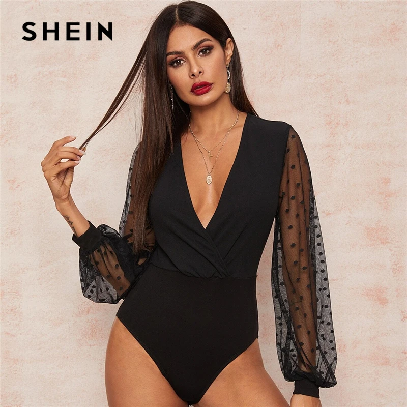 SHEIN сексуальное черное Сетчатое платье Dobby с глубоким вырезом рукавами