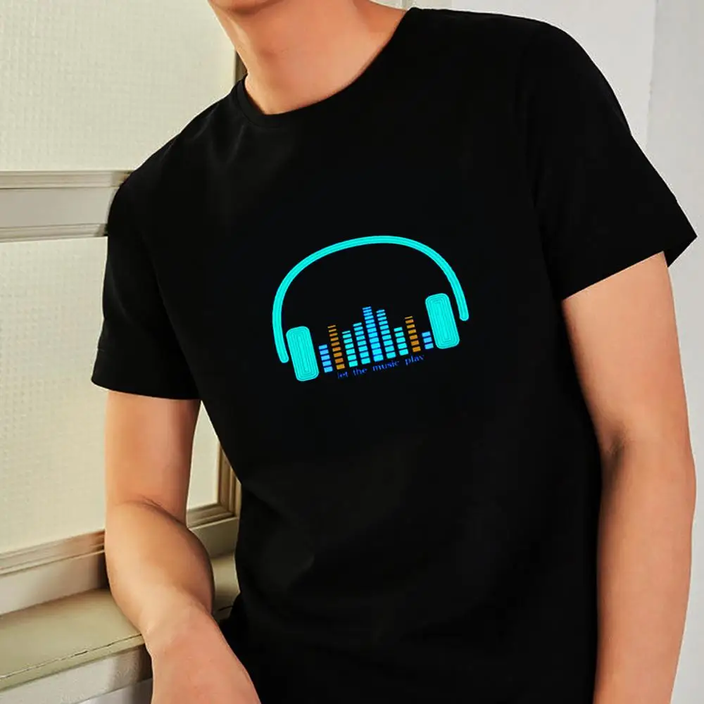earphone Мужские и женские вечерние светящиеся футболки, парные дискотеки, DJ, звуковой активированный светодиодный светильник, новинка, модная футболка с коротким рукавом - Цвет: earphone