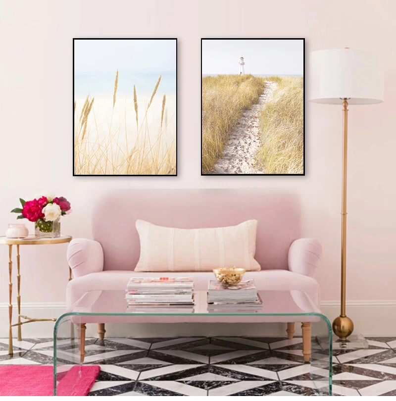 Pampas Grass Wall Pictures for Living Room Home Decor Coastal Wall Art Canvas Painting Pastel Beach Landscape Posters and Prints