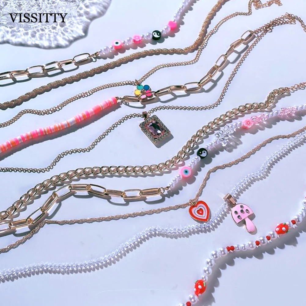 Trendy Cute Animal Flower Pearl Beaded Necklace Women Y2K Colorful Multi-layer Pearls Choker Chain Necklaces Jewelry Gifts 2022