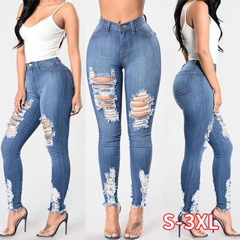 

Women Denim Hole Jeans Elastic High Waist Slim Skinny Jeans Casual Pencil Pants Trousers Plus Size Jeans Women Denim Jean Female