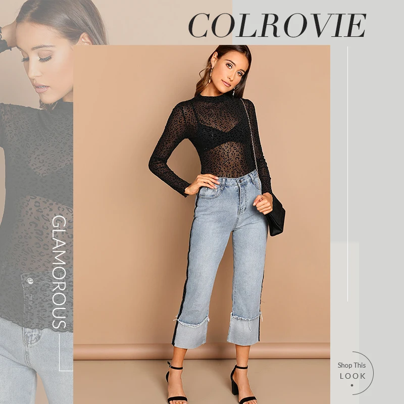 COLROVIE/черный топ с леопардовым принтом и сеткой без бюстгальтера, женские повседневные топы с длинными рукавами, лето, тонкие сексуальные футболки