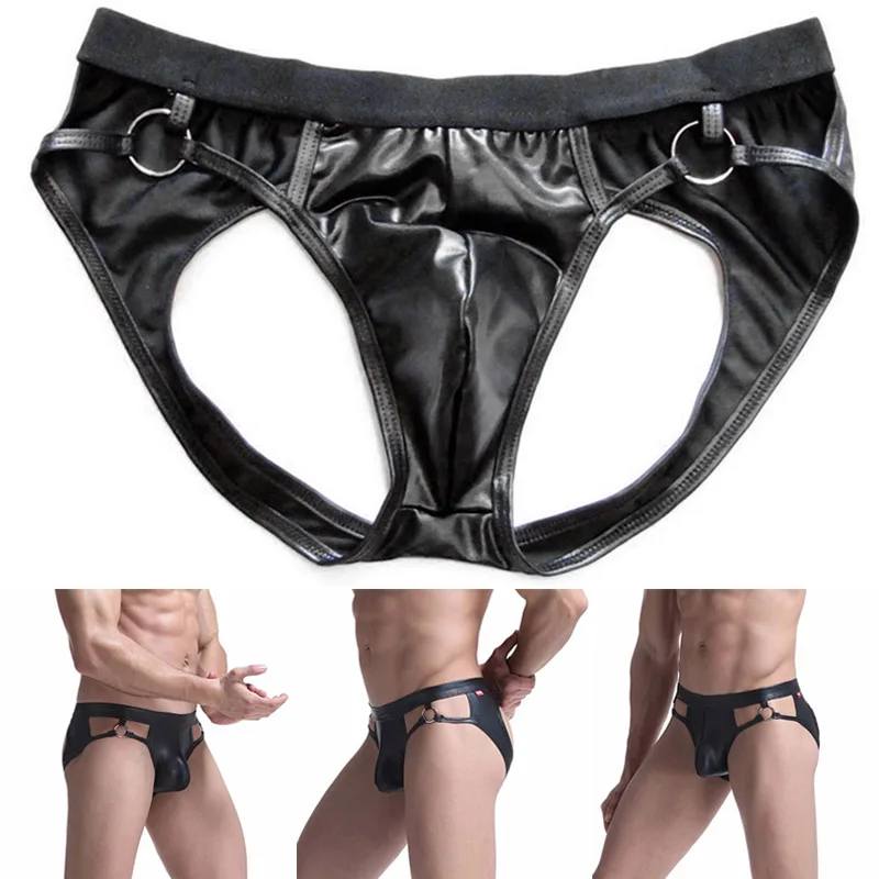 Men's Sexy PU Leather Underwear Jock Strap Briefs Thong G-String Pouch Panties Underwear Men Erotic Lingerie Micro Bikini Briefs
