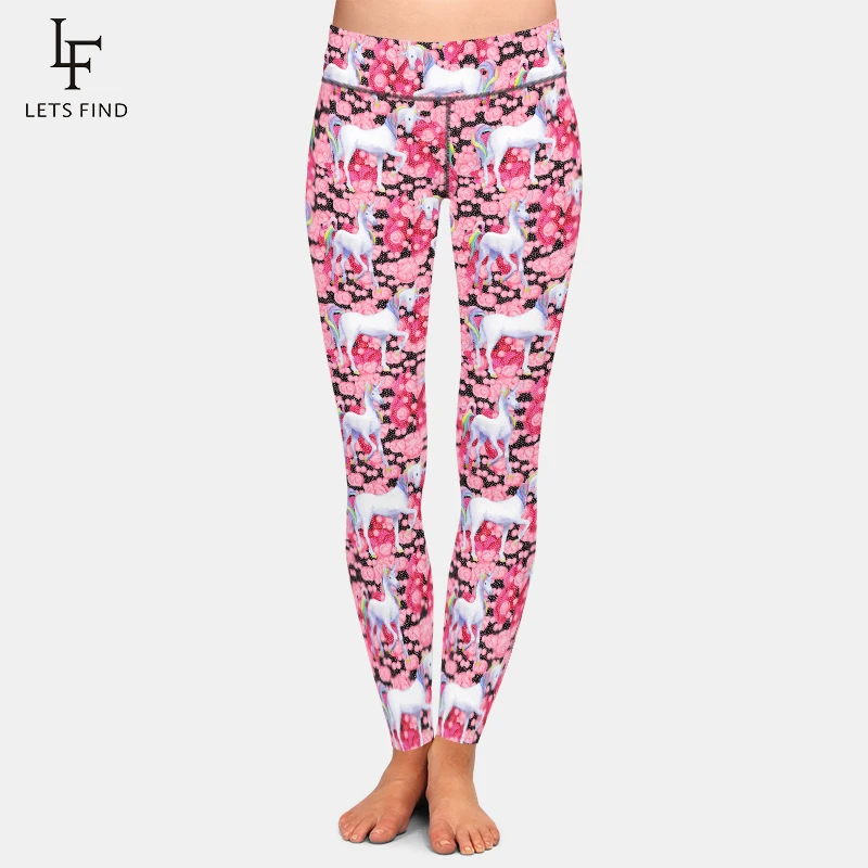 LETSFIND 2021 Women Casual Pants 3D Elegant Unicorns Print High Waist Stretch  Full Leggings Girls Leggings girls pencil pants kids fashion stretch leggings spring pants girls high waist trousers children pants