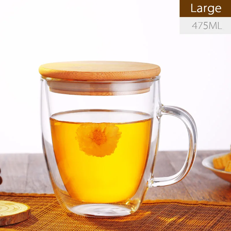 475ml Чашка для чая с двойными стенками, термостойкая кружка с крышкой, высокое боросиликатное стекло, китайские чашки с ручкой, крышка 375 мл 475 мл - Цвет: 475ml