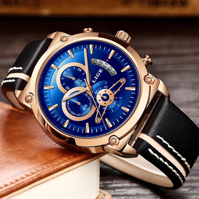 

LIGE New Men's Watch Chronograph Analog Quartz Watch Date Creative Dial Blue Leather Strap Waterproof Wrists Watch Reloj Hombre